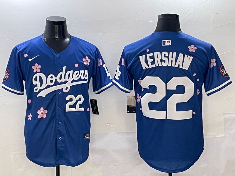 Men Los Angeles Dodgers #22 Kershaw Blue Sakura Edition 2025 Nike MLB Jersey style 4